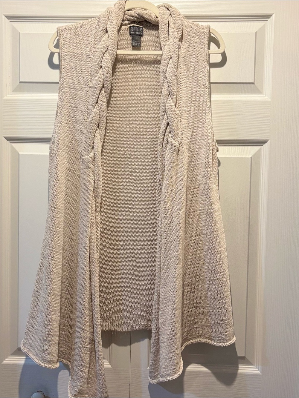 Chico's Cream Cable-Trim Open Front Sleeveless Knit Cardigan Vest Boho Sz 3 (XL)
